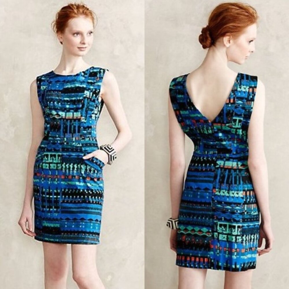ANTHROPOLOGIE Tracy Reese Azurite Sheath Cotton Dress Blue Abstract Print